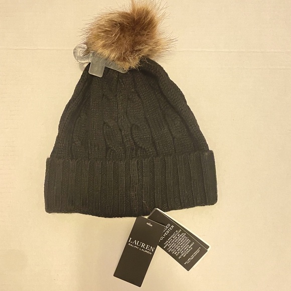 Ralph Lauren Women's Cable-Knit Crest-Patch Pom-Pom Hat, Black - Picture 2 of 4